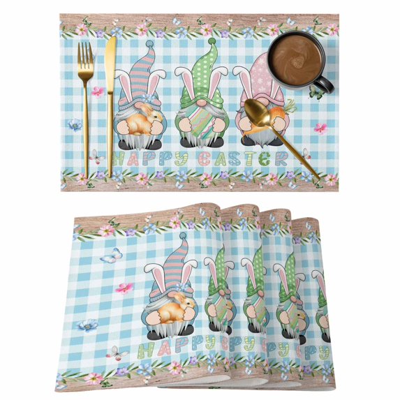 Easter Placemats Set of 4, Spring Gnomes Bunny Eggs Flowers Blue Checkered Placemats for Dining Table, Place Mats for Kitchen Tabletop, Waterproof Wipeable Dining Table Mats Set