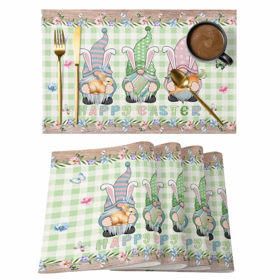 Easter Placemats Set of 4, Spring Pastoral Gnomes Bunny Eggs Green Lattice Placemats for Dining Table, Place Mats for Kitchen Tabletop, Waterproof Wipeable Dining Table Mats Set