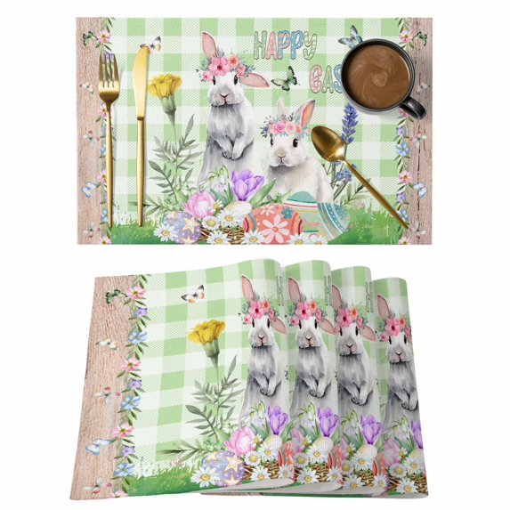 Easter Placemats Set of 4, Spring Rabbit Botanical Flowers Eggs Plaid Placemats for Dining Table, Place Mats for Kitchen Tabletop, Waterproof Wipeable Dining Table Mats Set