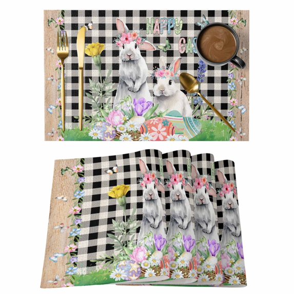 Easter Placemats Set of 4, Spring Rabbit Flowers Colorful Eggs Black Lattice Placemats for Dining Table, Place Mats for Kitchen Tabletop, Waterproof Wipeable Dining Table Mats Set