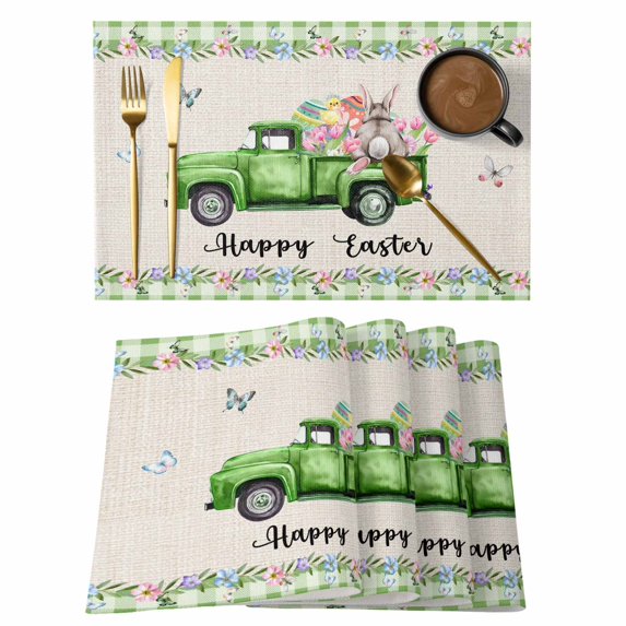 Easter Placemats Set of 4, Spring Truck Rabbit Flowers Eggs Green Check Placemats for Dining Table, Place Mats for Kitchen Tabletop, Waterproof Wipeable Dining Table Mats Set