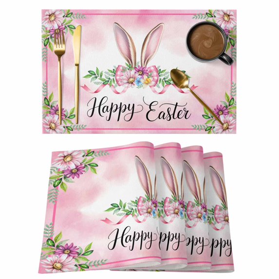 Easter Placemats Set of 4, Spring Watercolor Flower Leaf Plant Pink Placemats for Dining Table, Place Mats for Kitchen Tabletop, Waterproof Wipeable Dining Table Mats Set