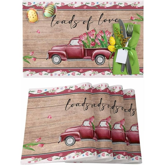 Easter Placemats Set of 4, Truck Tulip Wood Grain Placemat for Dining Table Decorations, Loads of Love Place Mats, Spring Table Mats for Kitchen Dinner Seasonal Holiday Party Decor