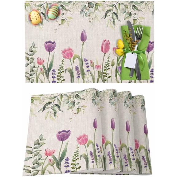 Easter Placemats Set of 4, Tulip Flowers Spring Floral Placemat for Dining Table Decorations, Eucalyptus Leaves Place Mats, Spring Table Mats for Kitchen Dinner Seasonal Holiday Party Decor