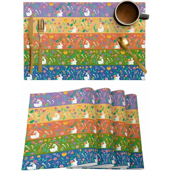 Easter Placemats Set of 4,Washable Woven Burlap Cloth Fabric Placemat for Square/Rectangle/Round/Oval Dining Table,Easy Clean Place Mats for Kids Easter Bunny Spring Botanical Wildflower Leaves