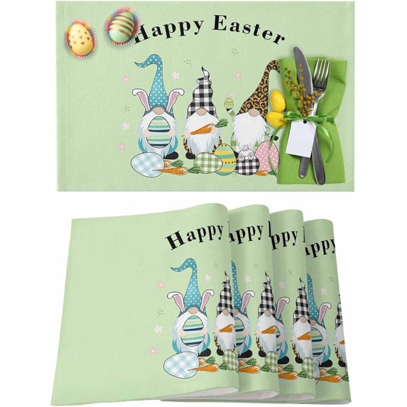 Easter Placemats Set of 6, Bunny Ears Gnomes Placemat for Dining Table Decorations, Easter Eggs Check Plaid Leopard Place Mats, Spring Table Mats for Kitchen Dinner Seasonal Holiday Party Decor