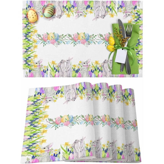 Easter Placemats Set of 6, Bunny Eggs Floral Placemat for Dining Table Decorations, Spring Flowers Rabbit Place Mats, Spring Table Mats for Kitchen Dinner Seasonal Holiday Party Decor