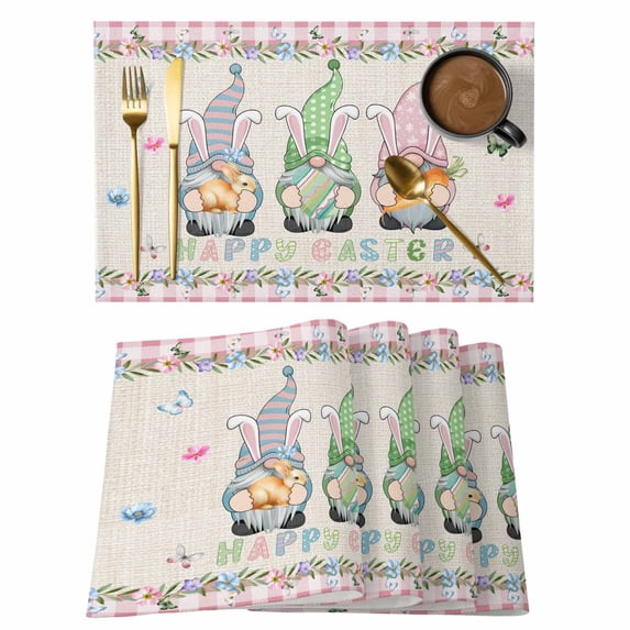 Easter Placemats Set of 6, Country Gnomes Rabbit Colorful Eggs Flowers Treill Placemats for Dining Table, Place Mats for Kitchen Tabletop, Waterproof Wipeable Dining Table Mats Set