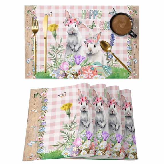 Easter Placemats Set of 6, Cute Bunny Eggs Flowers Plants Pink Checkered Placemats for Dining Table, Place Mats for Kitchen Tabletop, Waterproof Wipeable Dining Table Mats Set