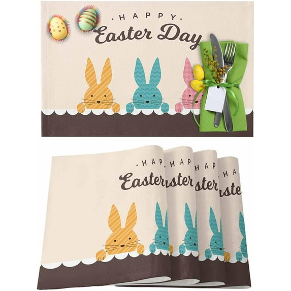 Easter Placemats Set of 6, Easter Bunny Placemat for Dining Table Decorations, Bunny Ear Cute Rabbit Place Mats, Spring Table Mats for Kitchen Dinner Seasonal Holiday Party Decor