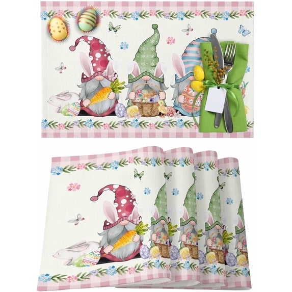 Easter Placemats Set of 6, Easter Eggs Gnome Bunny Placemat for Dining Table Decorations, Pink Buffalo Plaid Place Mats, Spring Table Mats for Kitchen Dinner Seasonal Holiday Party Decor