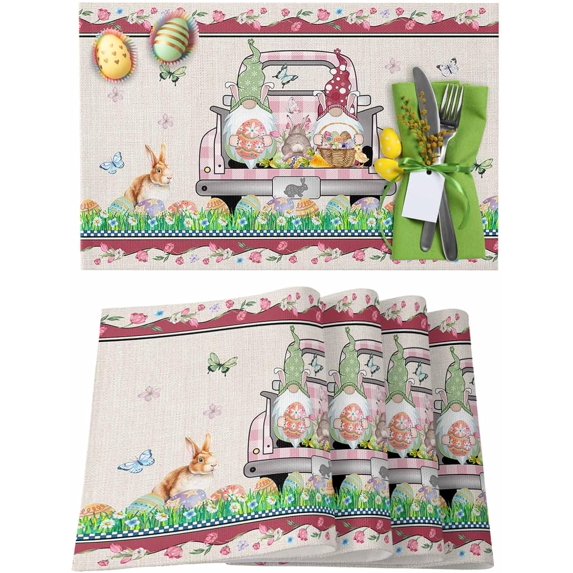 Easter Placemats Set of 6, Easter Eggs Gnome Bunny Truck Placemat for Dining Table Decorations, Spring Flowers Place Mats, Spring Table Mats for Kitchen Dinner Seasonal Holiday Party Decor