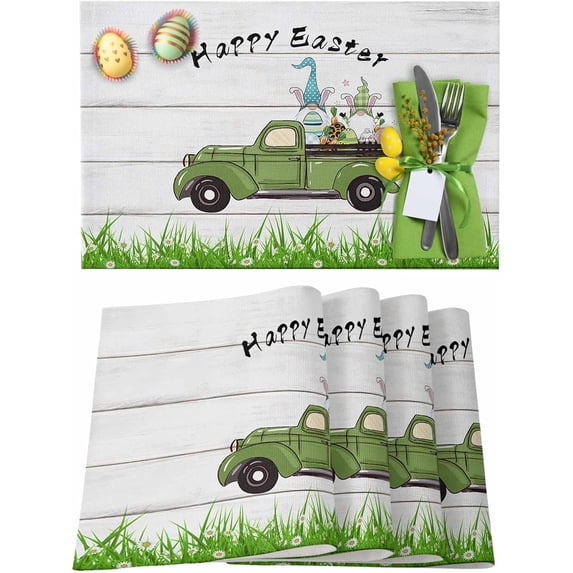 Easter Placemats Set of 6, Easter Eggs Truck Placemat for Dining Table Decorations, Bunny Gnomes Grass Wood Grain Place Mats, Spring Table Mats for Kitchen Dinner Seasonal Holiday Party Decor