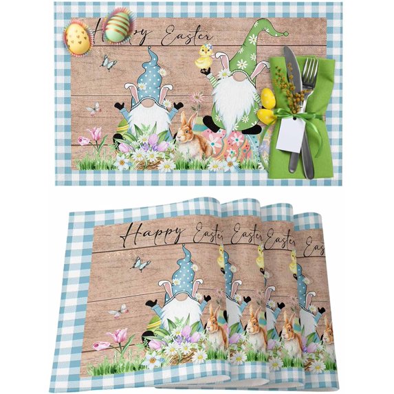 Easter Placemats Set of 6, Easter Eggs Bunny Gnome Wood Grain Placemat for Dining Table Decorations, Blue Check Plaid Place Mats, Spring Table Mats for Kitchen Dinner Seasonal Holiday Party Decor
