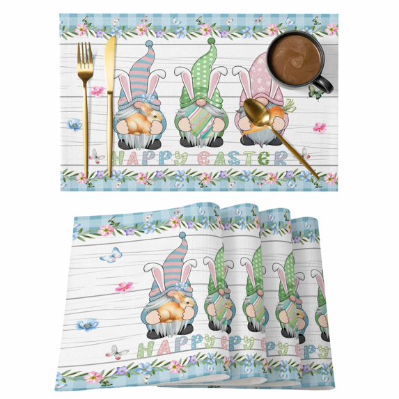 Easter Placemats Set of 6, Farmhouse Gnomes Flowers Rabbit Eggs Check Wooden Placemats for Dining Table, Place Mats for Kitchen Tabletop, Waterproof Wipeable Dining Table Mats Set