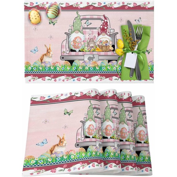 Easter Placemats Set of 6, Gnome Bunny Easter Eggs Truck Placemat for Dining Table Decorations, Spring Flowers Place Mats, Spring Table Mats for Kitchen Dinner Seasonal Holiday Party Decor