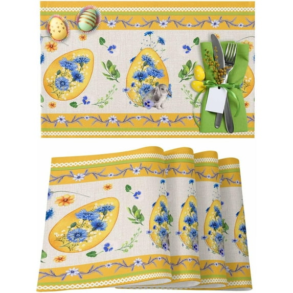 Easter Placemats Set of 6, Gold Egg Bunny Blue Flowers Placemat for Dining Table Decorations, Spring Plant Leaf Place Mats, Spring Table Mats for Kitchen Dinner Seasonal Holiday Party Decor