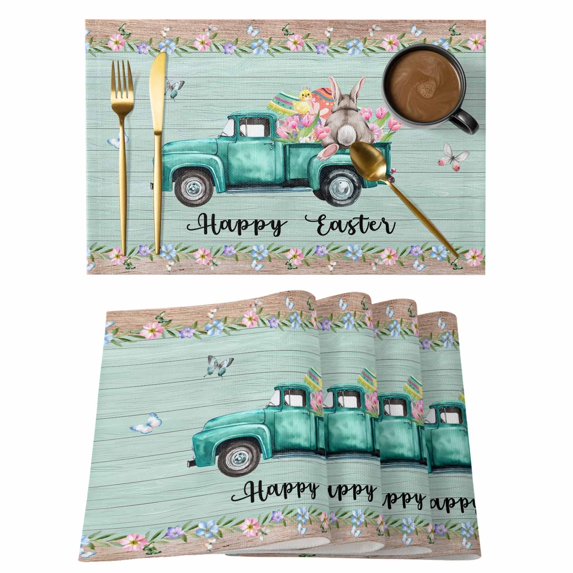 Easter Placemats Set of 6, Green Truck Rabbit Duck Butterfly Floral Wooden Placemats for Dining Table, Place Mats for Kitchen Tabletop, Waterproof Wipeable Dining Table Mats Set