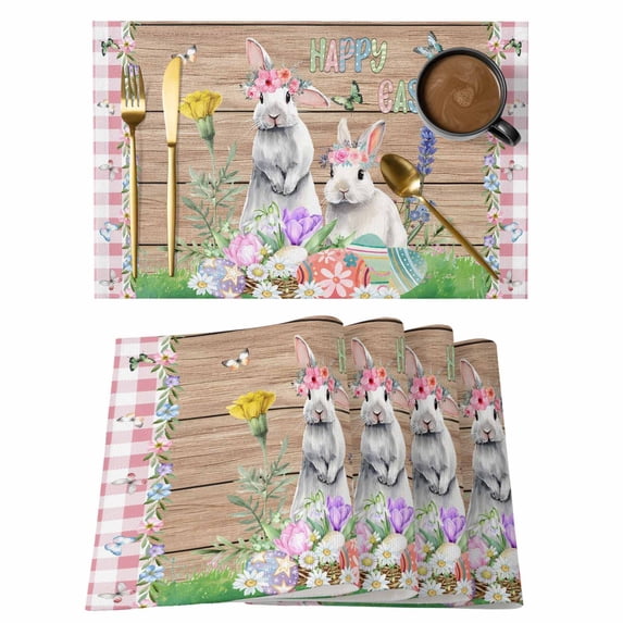 Easter Placemats Set of 6, Rabbit Colorful Eggs Flowers Plants Wooden Grain Placemats for Dining Table, Place Mats for Kitchen Tabletop, Waterproof Wipeable Dining Table Mats Set
