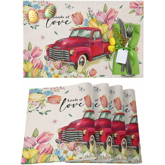 Easter Placemats Set of 6, Red Truck Tulip Placemat for Dining Table Decorations, Spring Flowers Butterfly Place Mats, Spring Table Mats for Kitchen Dinner Seasonal Holiday Party Decor