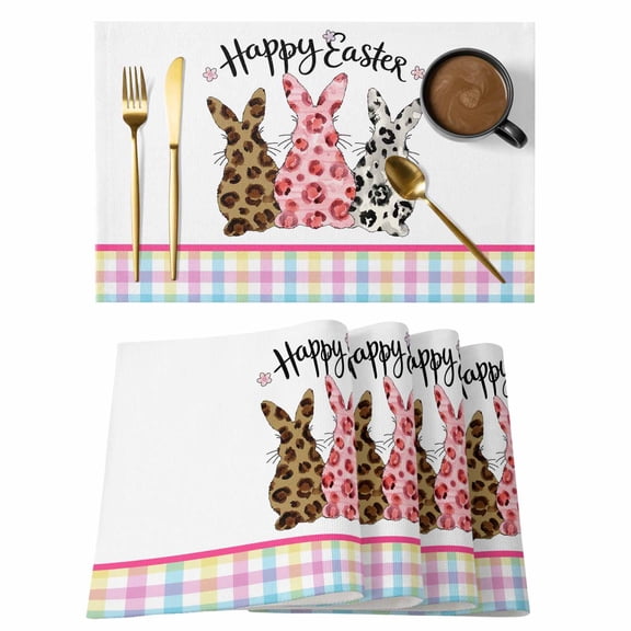 Easter Placemats Set of 6 Spring Colorful Leopard Printed Bunny Flower Striped Place Mats Indoor Wipeable Table Mats Washable Dining Table Placemats for Kitchen Holiday Party Home Decor 13x19 Inch