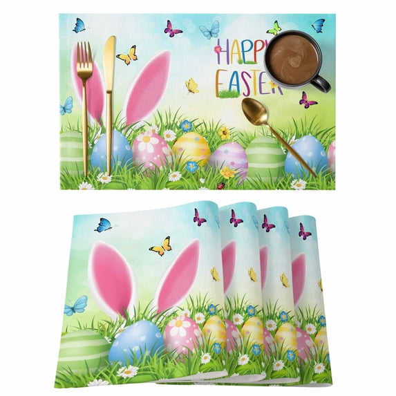 Easter Placemats Set of 6 Spring Easter Eggs Bunny Butterflies Green Place Mats Indoor Wipeable Table Mats Washable Cloth Dining Table Placemats for Kitchen Holiday Party Home Decor 13x19 Inch