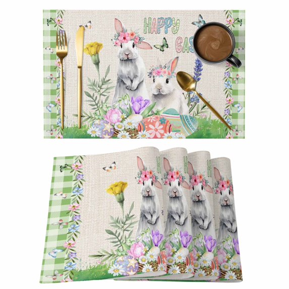Easter Placemats Set of 6, Spring Rustic Rabbit Botanical Flowers Eggs Plaid Placemats for Dining Table, Place Mats for Kitchen Tabletop, Waterproof Wipeable Dining Table Mats Set