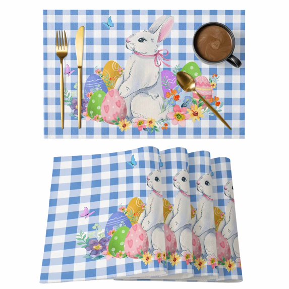 Easter Placemats Set of 6, Spring Watercolor Bunny Eggs Butterflies Blue Plaid Placemats for Dining Table, Place Mats for Kitchen Tabletop, Waterproof Wipeable Dining Table Mats Set