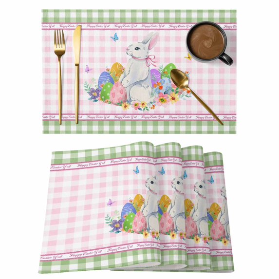Easter Placemats Set of 6, Spring Watercolor Easter Eggs Bunny Pink Green Plaid Placemats for Dining Table, Place Mats for Kitchen Tabletop, Waterproof Wipeable Dining Table Mats Set