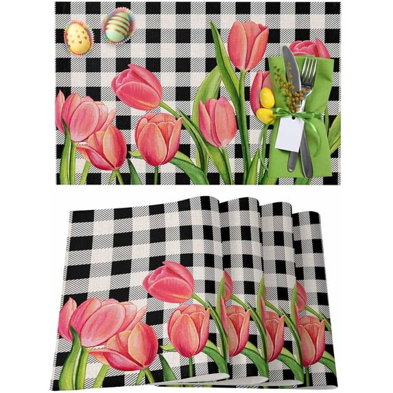 Easter Placemats Set of 6, Tulip Black Buffalo Plaid Placemat for Dining Table Decorations, Spring Flower Floral Place Mats, Spring Table Mats for Kitchen Dinner Seasonal Holiday Party Decor