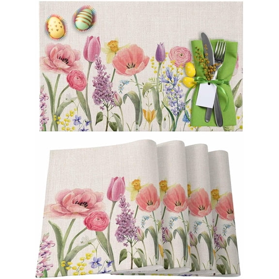 Easter Placemats Set of 6, Tulip Flowers Placemat for Dining Table Decorations, Spring Floral Place Mats, Spring Table Mats for Kitchen Dinner Seasonal Holiday Party Decor