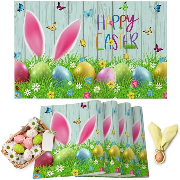 Easter Placemats Set of 6 Washable Table Mats for Kitchen Dining Table, Bunny Eggs Heat-Resistant Cotton Linen Place Mats for Indoor Outdoor Parties Holiday Decoration, Rustic Wood Teal