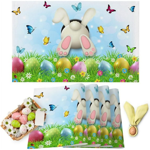 Easter Placemats Set of 6 Washable Table Mats for Kitchen Dining Table, Funny Rabbit Heat-Resistant Cotton Linen Place Mats for Indoor Outdoor Parties Holiday Decoration, Spring Eggs Watercolor Pastel
