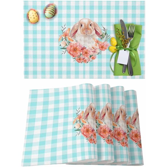 Easter Placemats Set of 6, Watercolor Bunny Spring Flowers Placemat for Dining Table Decorations, Blue Checked Plaid Place Mats, Spring Table Mats for Kitchen Dinner Seasonal Holiday Party Decor