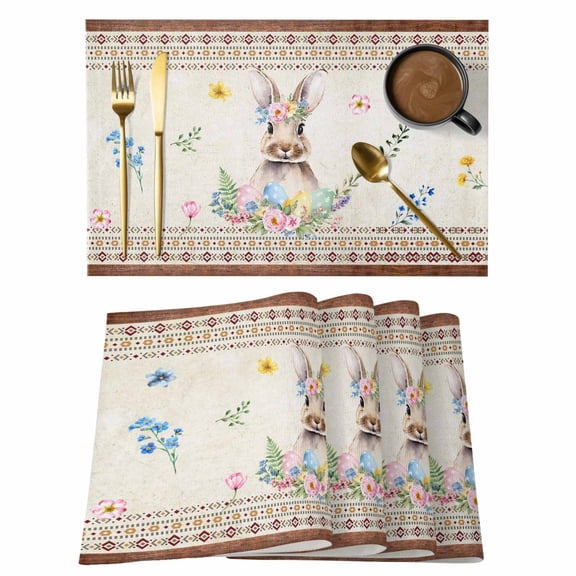 Easter Placemats Set of 8 Boho Ethnic Farmhouse Rabbit Colorful Eggs Patterned Place Mats Indoor Wipeable Table Mats Washable Dining Table Placemats for Kitchen Holiday Party Home Decor 13x19 Inch