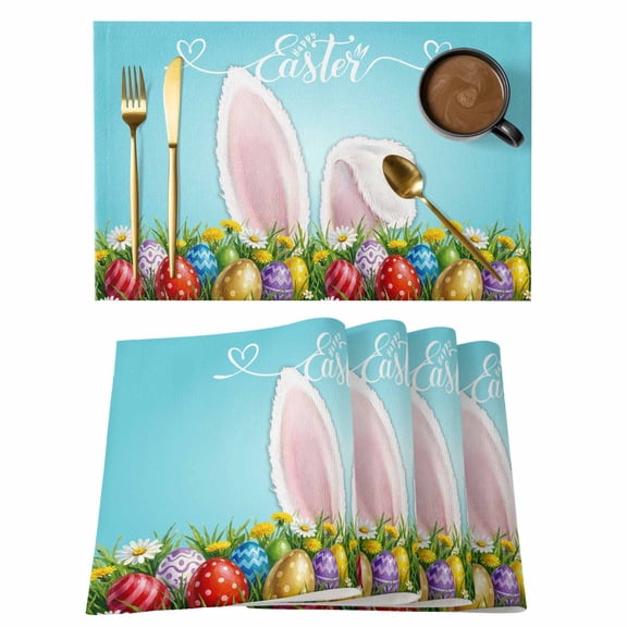 Easter Placemats Set of 8 Bunny Colorful Eggs Spring Floral Botanical Place Mats Indoor Wipeable Table Mats Washable Cloth Dining Table Placemats for Kitchen Holiday Party Home Decor 13x19 Inch