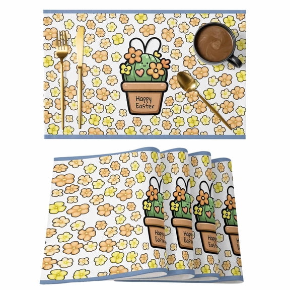 Easter Placemats Set of 8 Bunny Ears Spring Yellow Flowers Potted Plant Pastoral Place Mats Indoor Wipeable Table Mats Washable Dining Table Placemats for Kitchen Holiday Party Home Decor 13x19 Inch