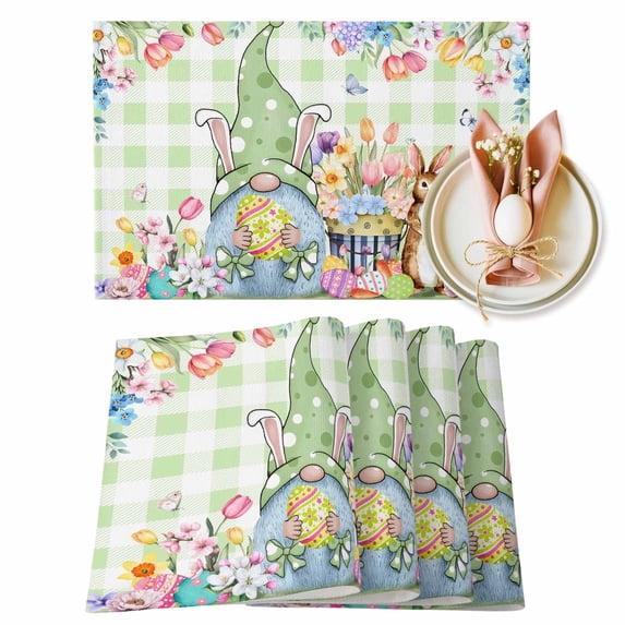 Easter Placemats Set of 8, Easter Gnomes Rabbits Tulip Flower Plants Green Plaid Heat Insulated Linen Place Mats, Washable Stain-Proof Table Mats for Dining Tables Holiday Decor 13x19 Inches