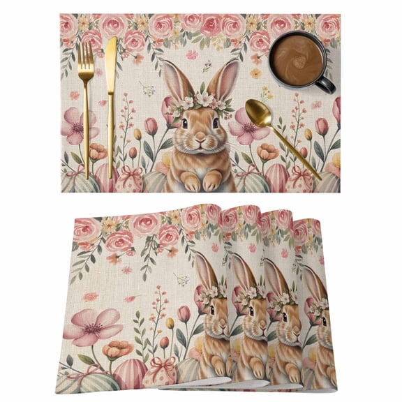 Easter Placemats Set of 8 Rustic Spring Rabbit Eggs Botanical Florals Herbs Place Mats Indoor Wipeable Table Mats Washable Cloth Dining Table Placemats for Kitchen Holiday Party Home Decor 13x19 Inch