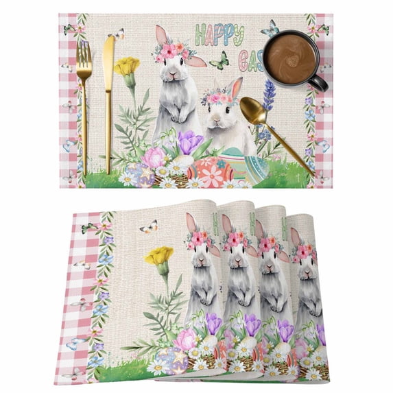 Easter Placemats Set of 8, Spring Bunny Botanical Flowers Herbs Eggs Plaid Placemats for Dining Table, Place Mats for Kitchen Tabletop, Waterproof Wipeable Dining Table Mats Set
