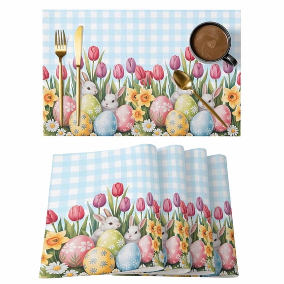Easter Placemats Set of 8 Spring Bunny Colorful Eggs Tulip Flowers Blue Check Place Mats Indoor Wipeable Table Mats Washable Dining Table Placemats for Kitchen Holiday Party Home Decor 13x19 Inch