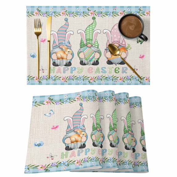 Easter Placemats Set of 8, Spring Gnomes Flowers Rabbit Eggs Blue Check Placemats for Dining Table, Place Mats for Kitchen Tabletop, Waterproof Wipeable Dining Table Mats Set