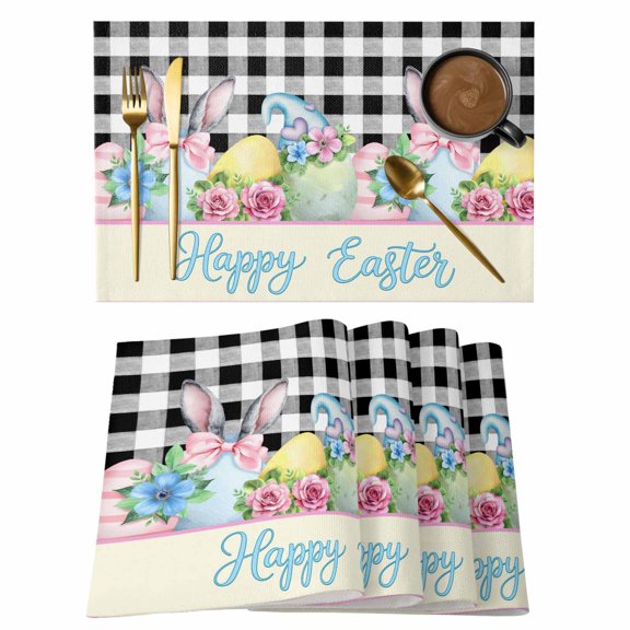 Easter Placemats Set of 8 Spring Watercolor Bunny Eggs Flowers Black Plaid Place Mats Indoor Wipeable Table Mats Washable Cloth Dining Table Placemats for Kitchen Holiday Party Home Decor 13x19 Inch