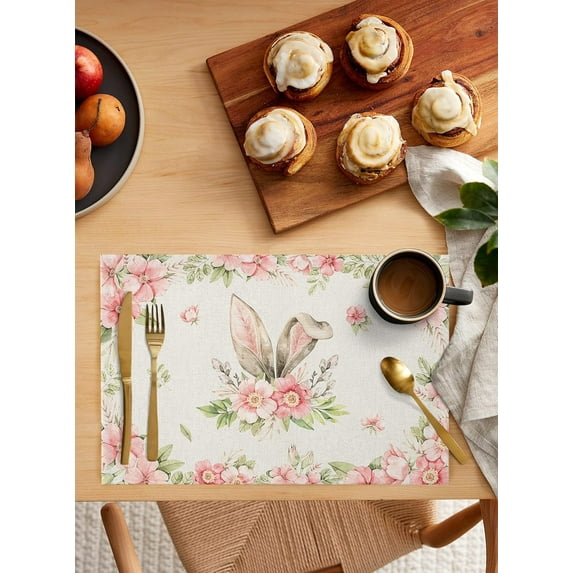 Easter Placemats Set of 4 Bunny Rabbit Ears Place Mats for Dining Room Dinner Table Spring Flower Floral Washable Table Mats Kitchen Decorations