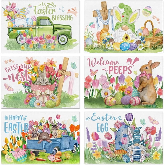Easter Placemats Set of 6, Easter Placemats 12x18 Inch Bunny Rabbit Gnomes Easter Place Mats for Dining Table Farmhouse Rustic Table Mats Decor