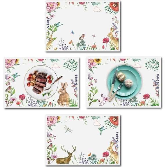 Easter Placemats Table Mats Rectangle Cotton Linen Tableware Pad Set of 4 Rabbit Bunny Sika Deer Spring Washable Heat Resistant Non-Slip for DIY