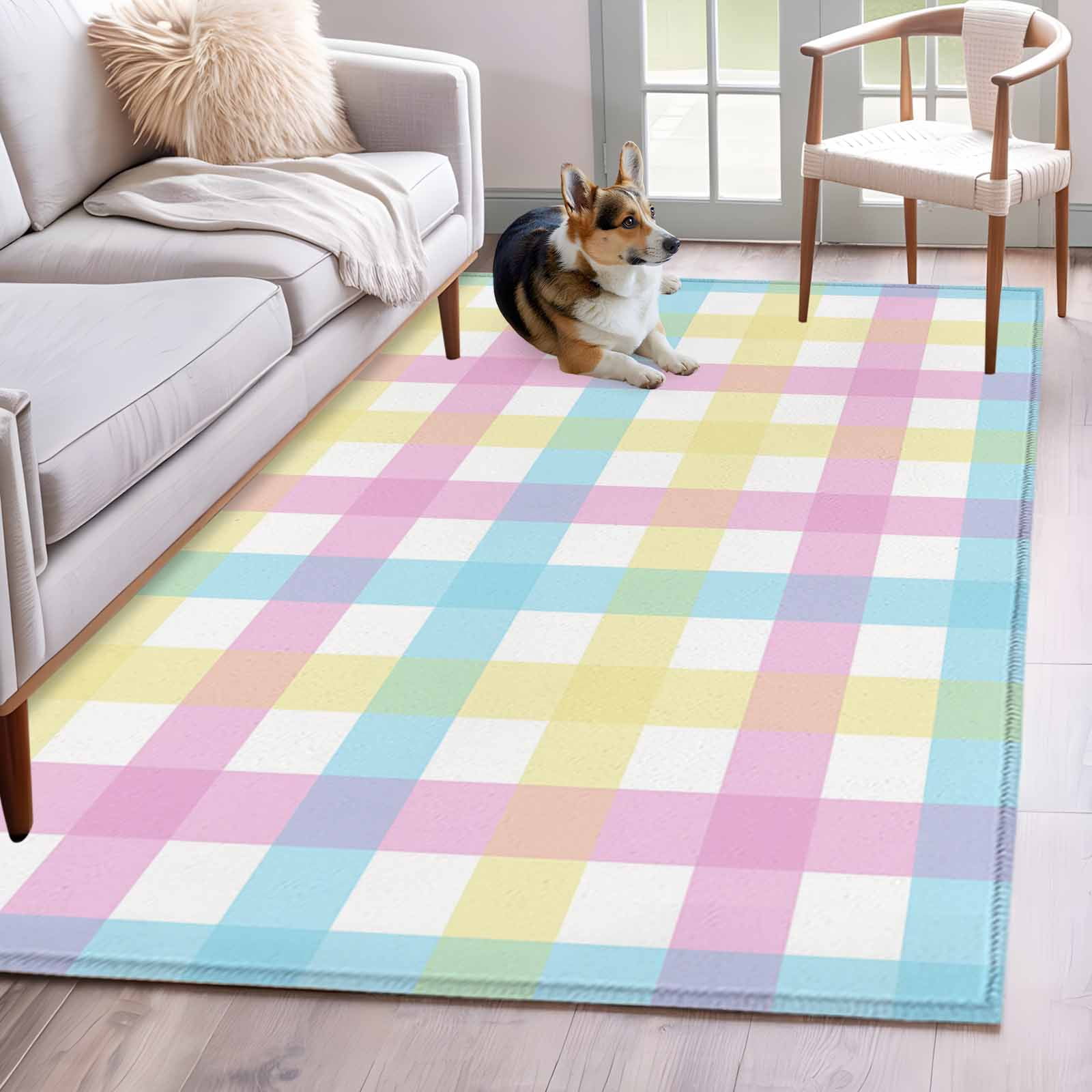 Easter Plaid Area Rugs 3'x5', Washable Small Throw Rugs for Living Room Bedroom, Spring Buffalo Plaid Simple Colorful Indoor Outdoor Rug Non-Slip Low Pile Carpet Runner Reversible Floor Mats