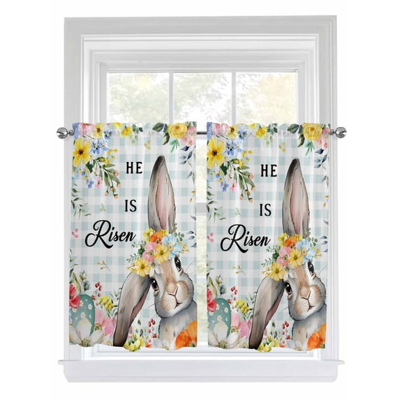 Easter Plaid Bathroom Window Curtain, Spring Watercolor Bunny Flower Teal Checkered Light Filtering Coffee Kitchen Curtains, Bedroom Living Room Curtains 2 Panel 84"x45"