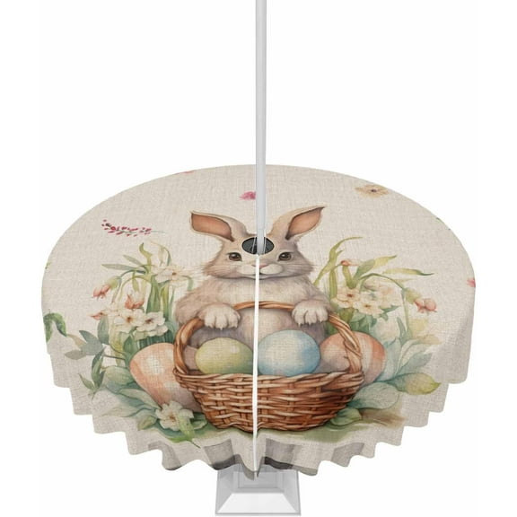 Easter Plaid Black Outdoor Round Tablecloth with Umbrella Hole 60 Inch,Wrinkle Free Wipeable Fabric Table Cloth Waterproof Zippered Cover for Camping Patio Party,Easter Basket Bunny Eggs Spring Leaves