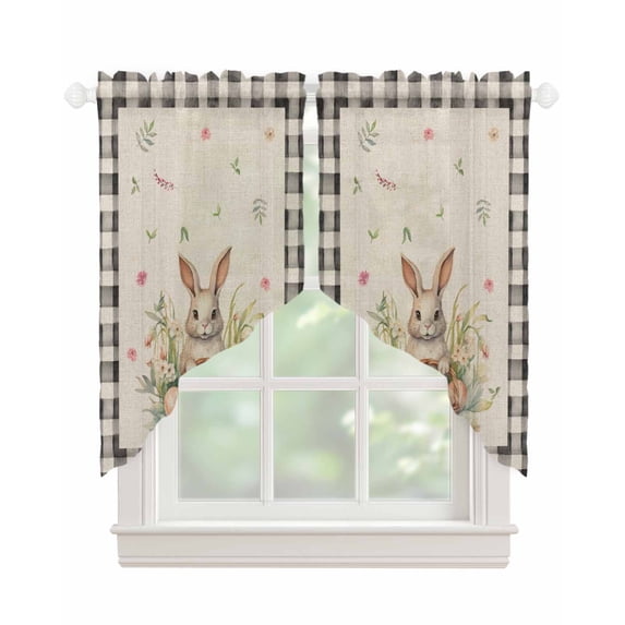 Easter Plaid Black Swag Valances for Windows, Easter Basket Bunny Eggs Spring Leaves Rod Pocket Sheer Valances for Windows, Swag Toppers Light Filtering for Kitchen Living Room 2 Panels 28''x36''